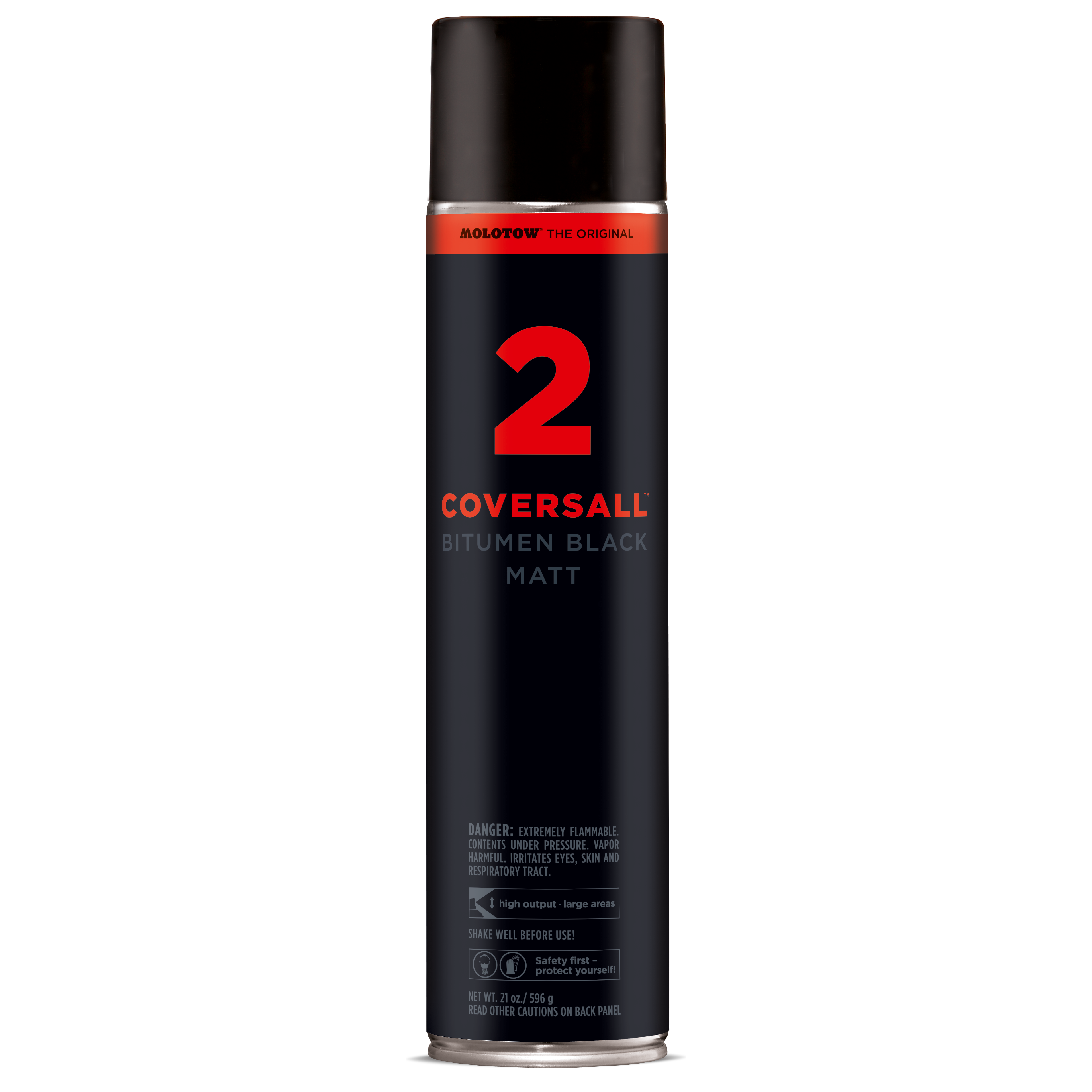 Bomboletta spray MOLOTOW™ COVERSALL™ 2 Bitumen Black Matt da 600ml, design nero e rosso.