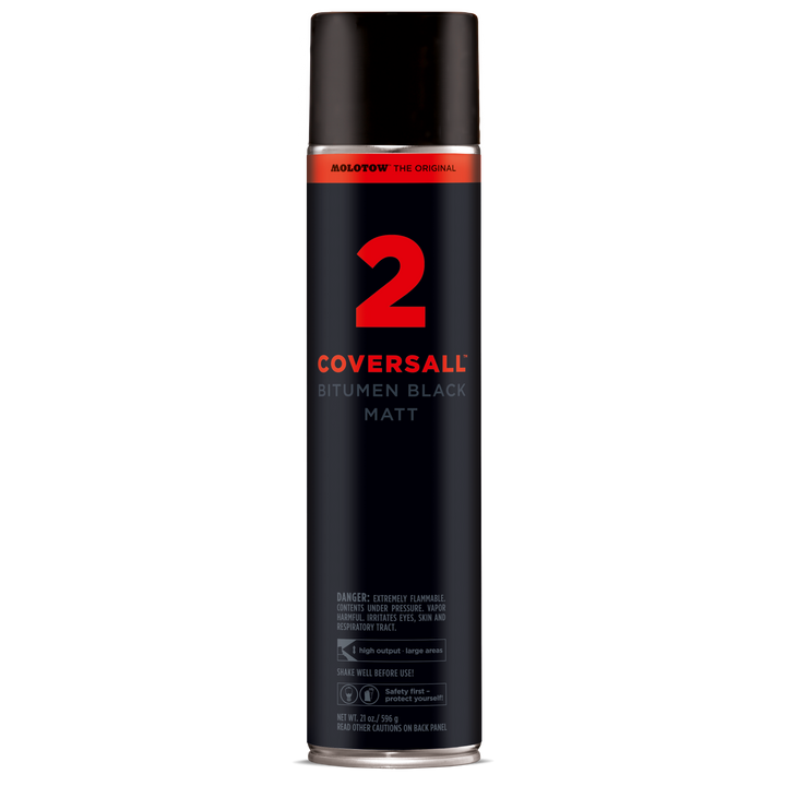 Bomboletta spray MOLOTOW™ COVERSALL™ 2 Bitumen Black Matt da 600ml, design nero e rosso.