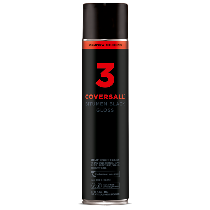 Bomboletta spray MOLOTOW COVERSALL 3 Bitumen Black Gloss 600ml, design nero e rosso.