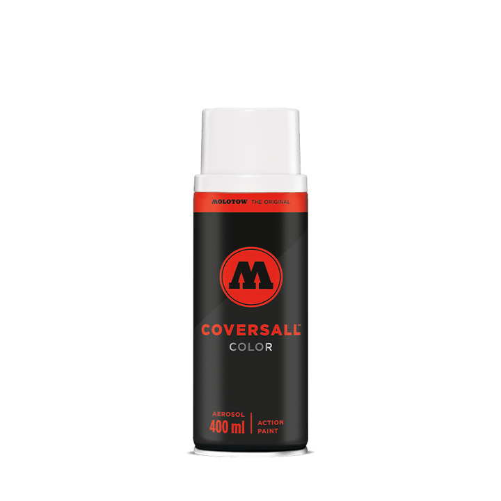 Bomboletta spray MOLOTOW COVERSALL™ Color nera da 400ml con tappo bianco e logo rosso.