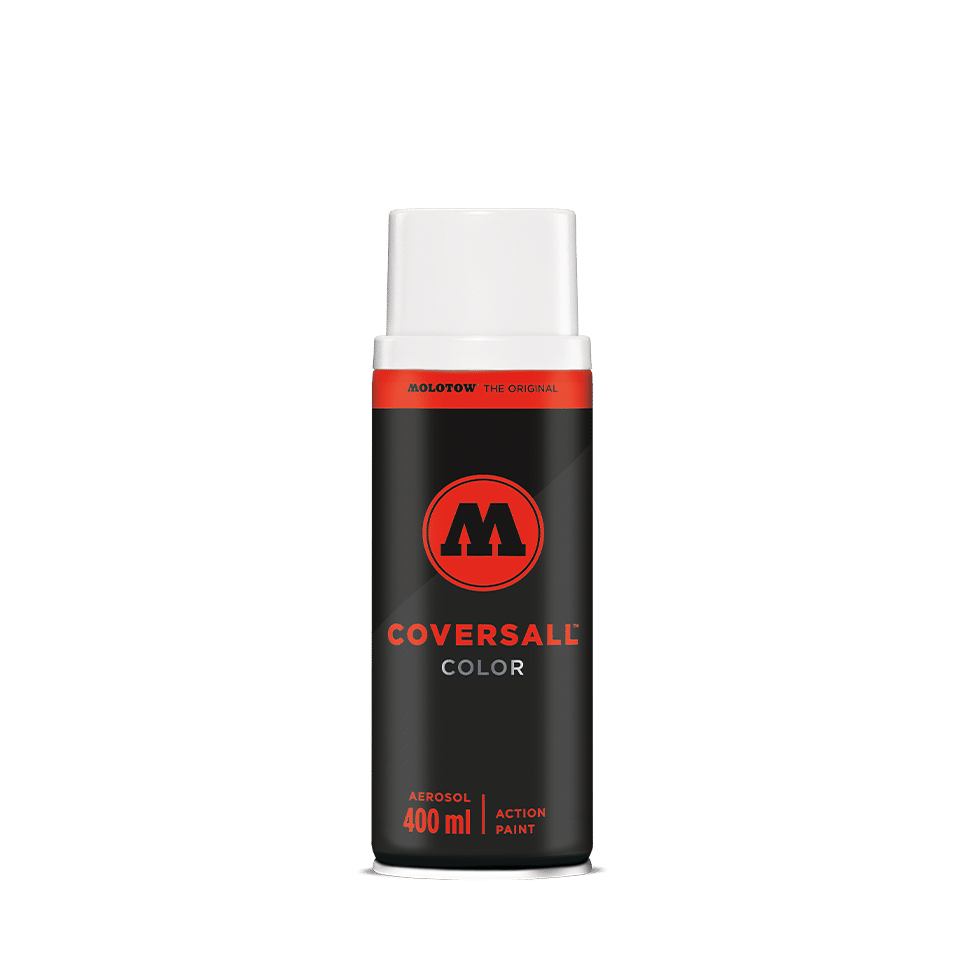 Bomboletta spray MOLOTOW COVERSALL™ Color nera da 400ml con tappo bianco e logo rosso.