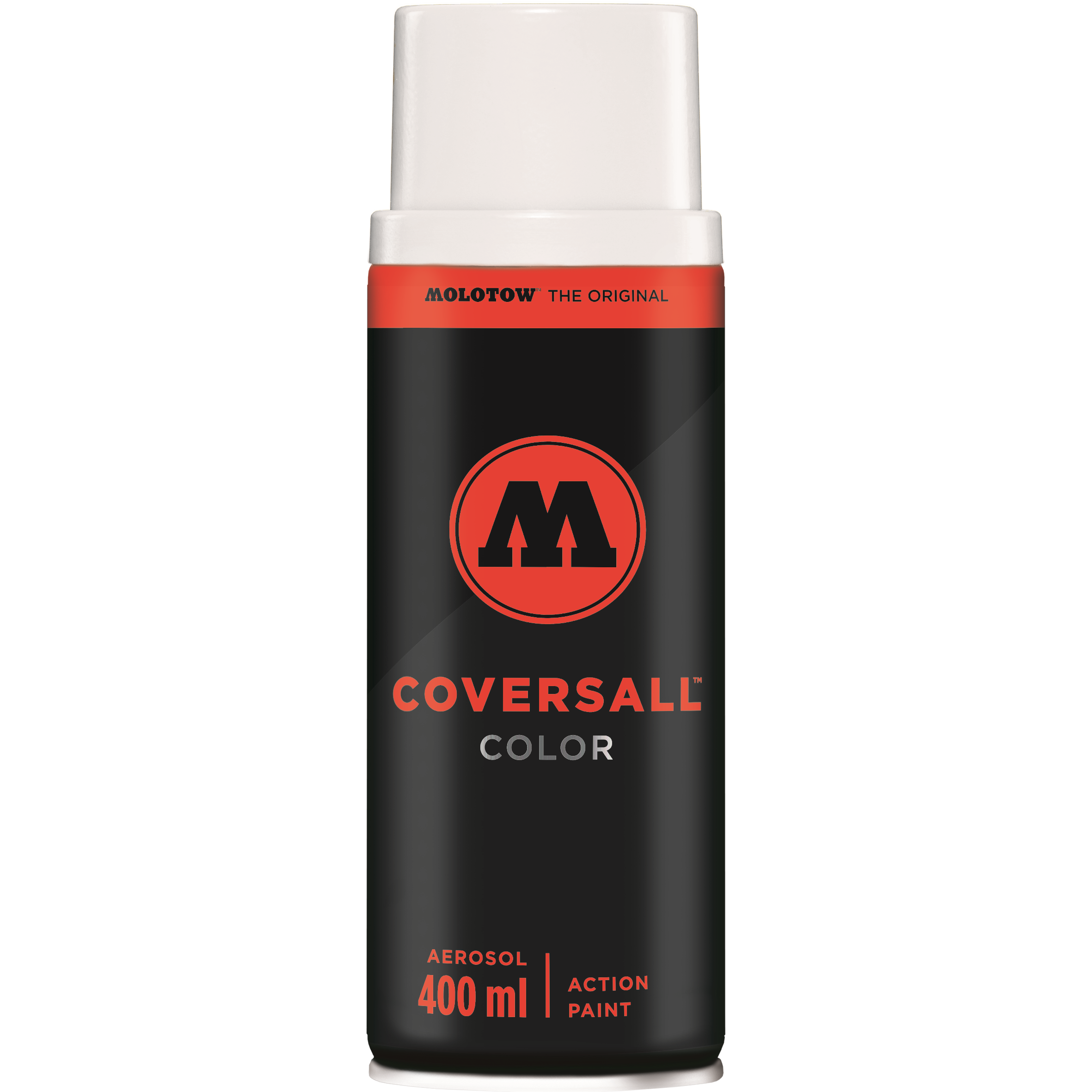 Bomboletta spray MOLOTOW COVERSALL™ Color 400ml nera con tappo bianco e dettagli rossi.