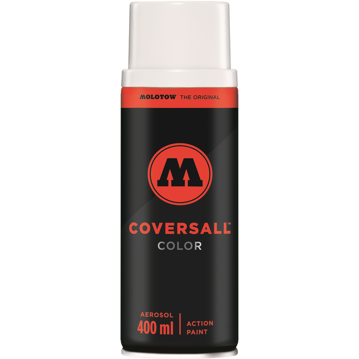 Bomboletta spray MOLOTOW COVERSALL™ Color 400ml nera con tappo bianco e dettagli rossi.