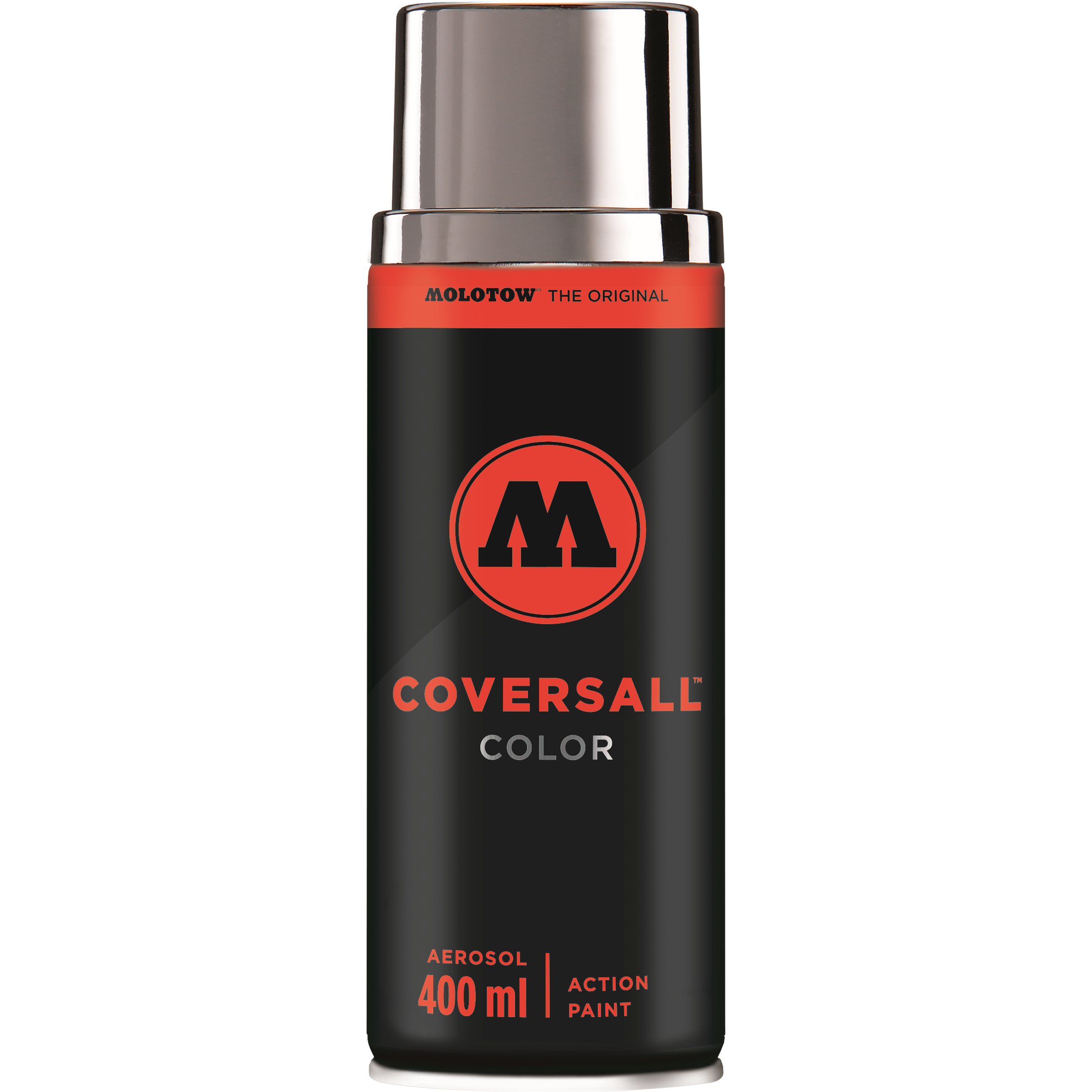 Bomboletta spray MOLOTOW COVERSALL™ Color 400ml nera e rossa con tappo cromato.