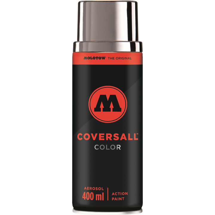 Bomboletta spray MOLOTOW COVERSALL™ Color 400ml nera e rossa con tappo cromato.