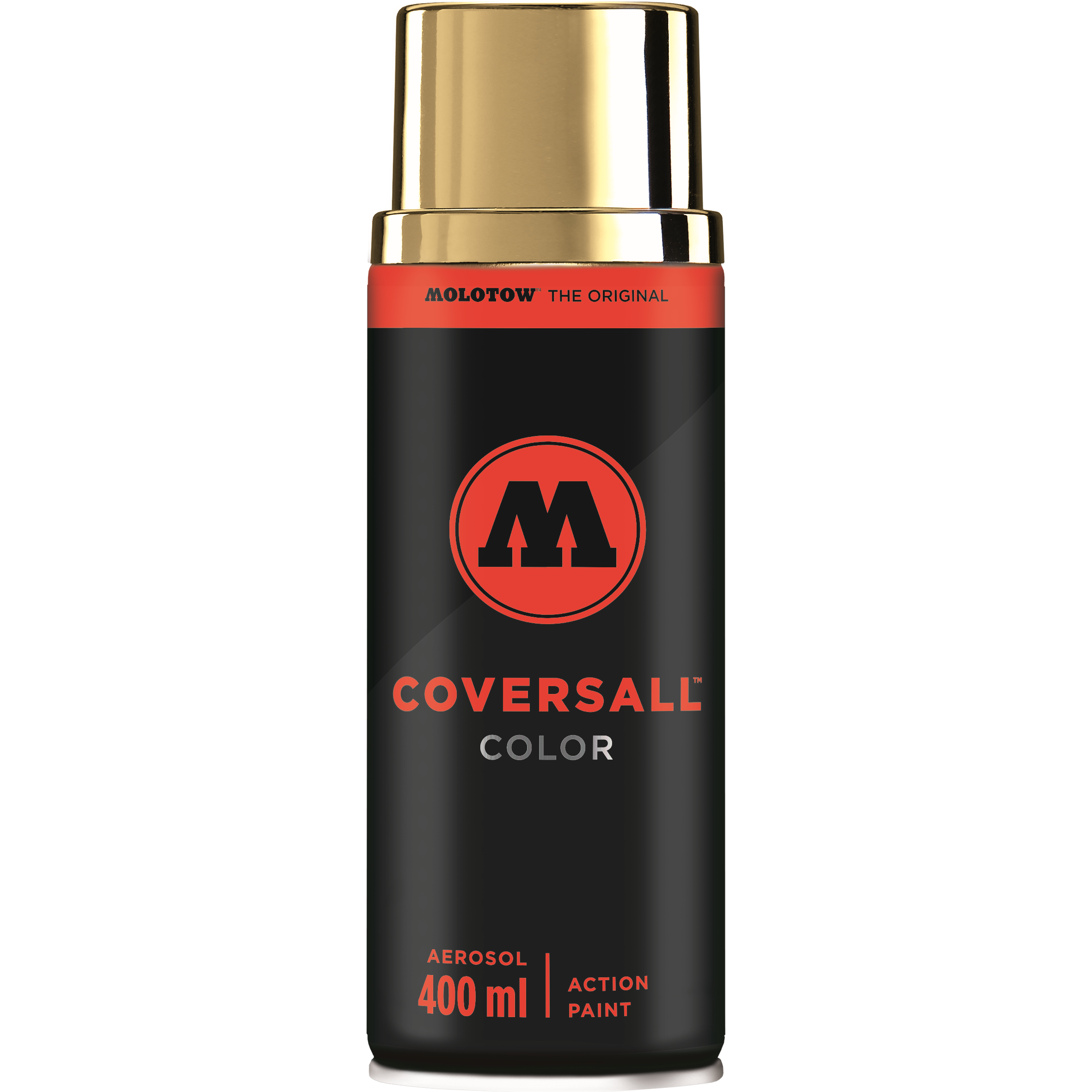 Bomboletta spray MOLOTOW COVERSALL™ Color 400ml nera opaca con tappo oro lucido e dettagli rossi.