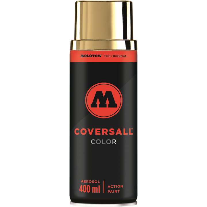 Bomboletta spray MOLOTOW COVERSALL™ Color 400ml nera opaca con tappo oro lucido e dettagli rossi.