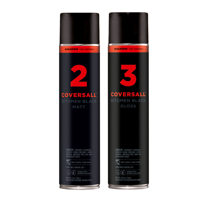 Due bombolette spray COVERSALL™ Bitumen Black da 600ml, una opaca (Matt) e una lucida (Gloss).