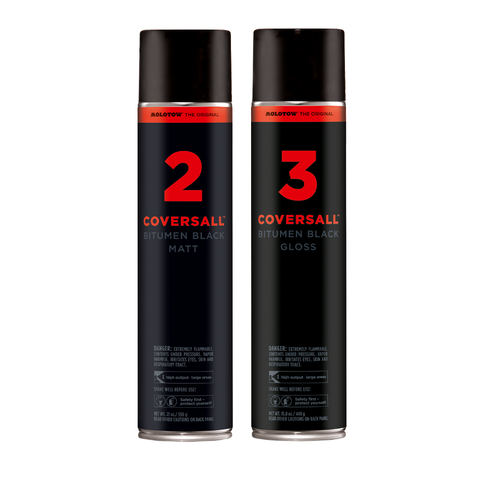 Due bombolette spray COVERSALL™ Bitumen Black da 600ml, una opaca (Matt) e una lucida (Gloss).